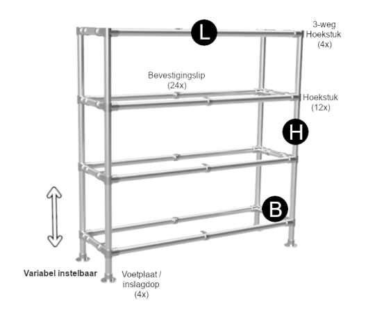 Steigerbuis Kast zwart met 4 etages uit zwarte buis Ø 33,7 mm excl planken